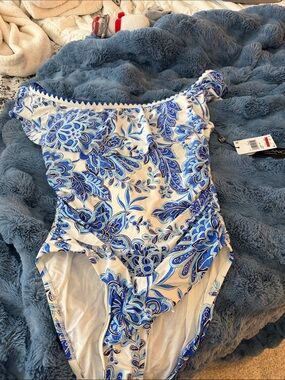 La Blanca One-Shoulder White Swimsuit with Blue Paisley Print